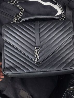 Saint Laurent Black Chevron Quilted Leather Shoulder Bag with Silver YSL